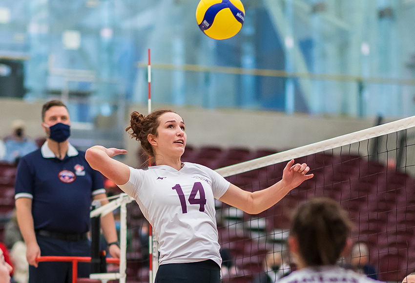 Sarah McGee led the Griffins with six kills in a 3-0 loss to the Calgary Dinos on Friday night in MacEwan's second-last game of the regular season (Robert Antoniuk photo).