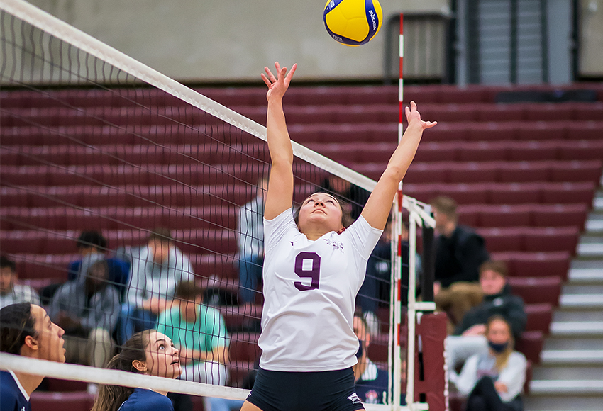 Payton Shimoda sets a ball against Mount Royal during a match earlier this season. She led the Griffins on Saturday with 14 assists and five digs (Robert Antoniuk photo).