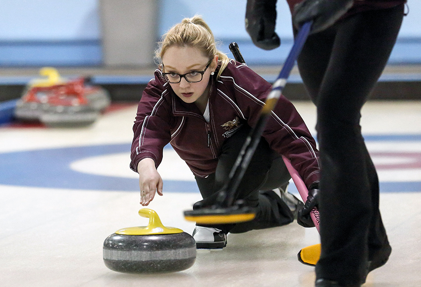 ACAC All-Conference curler Sara Fraser delivers a stone during action last season (Nick Kuiper photo).
