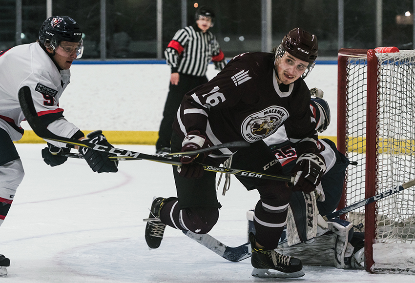 Ryan Baskerville, seen going against Portage in a game earlier this season, had two goals and two assists as the MacEwan Griffins beat Red Deer College twice (Matthew Jacula photo).