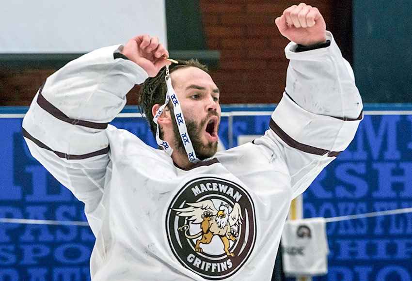 Marc-Olivier Daigle celebrates after receiving his gold medal on Sunday. He led the Griffins to their second-straight ACAC Championship with a terrific performance in net (Matthew Jacula photo).