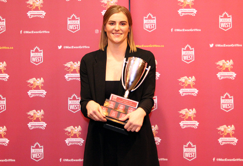 Cassidy Kinsella poses with the MacEwan female athlete of the year award at the annual awards banquet on Thursday (Ryan Gurnett photo).