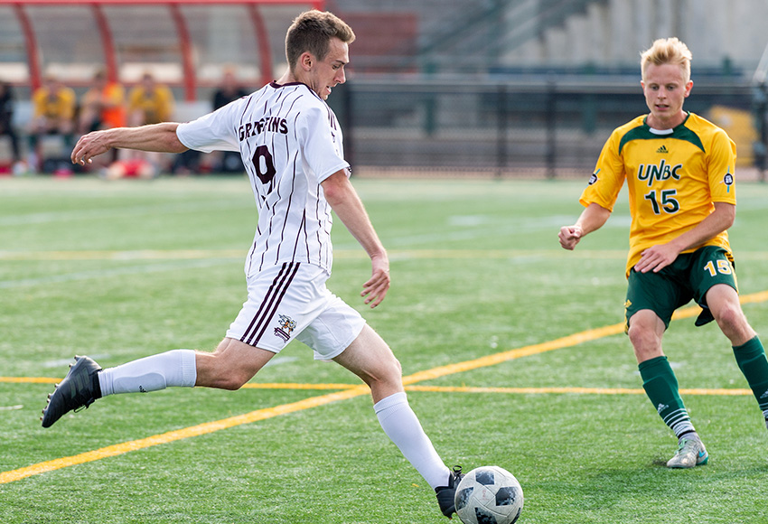 Brian Mayall, seen against UNBC in a preseason game last month, scored twice against Lethbridge to help MacEwan earn its first win of the campaign on Saturday (Chris Piggott photo).