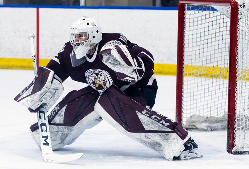 Marc-Olivier Daigle broke his own school record for the longest shutout streak in MacEwan history after posting back-to-back goose-eggs over Briercrest (Matthew Jacula photo).
