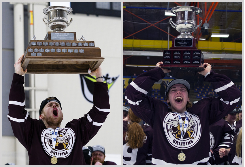 Cam Reagan, left, and Karlie Bell of the Griffins men's and women's hockey teams hoist their respective ACAC Championship trophies. The Griffins hockey teams will move into the Canada West conference in the 2020-21 season (Matthew Jacula, left, Len Joudrey photos).