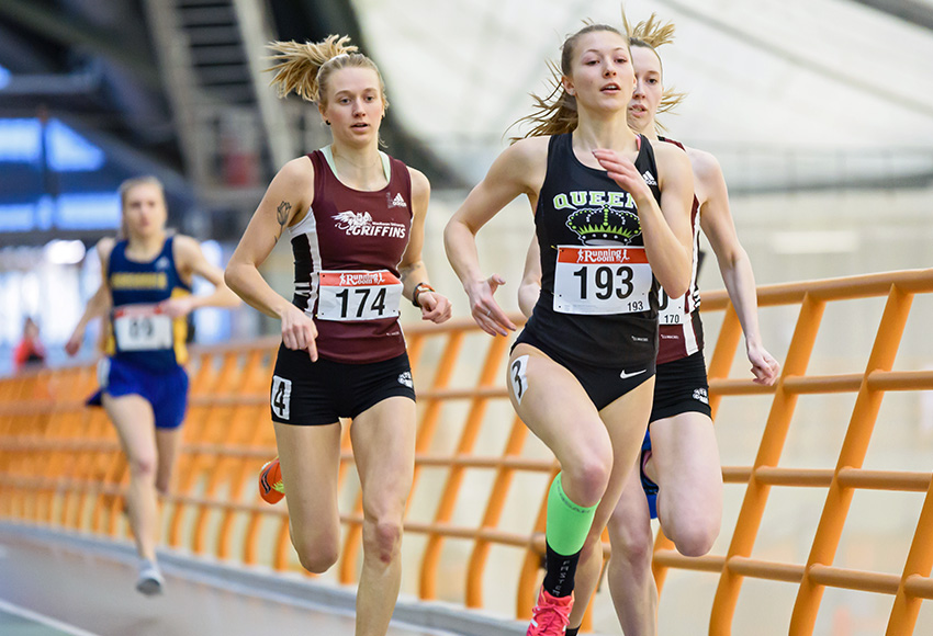 Ember Large, left, won four medals for the Griffins during the ACAC Indoor Track Championship despite being exhausted after returning from the Winter Universiade in Russia where she represented Canada in cross-country skiing (SAIT photo).