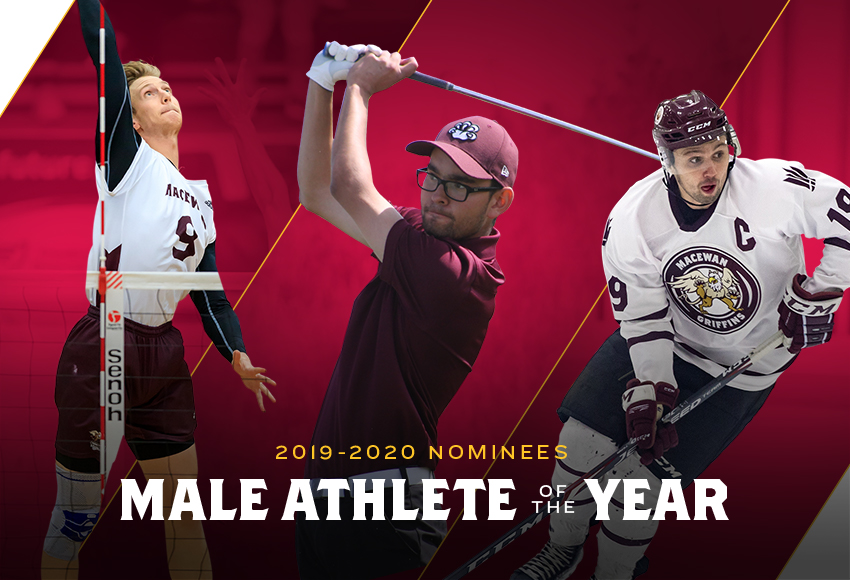 Max Vriend (volleyball), left, Justin Berget (golf) and Cam Gotaas (hockey) are the finalists for MacEwan's 2019-20 Male Athlete of the Year (Robert Antoniuk, Jefferson Hagen, Joel Kingston photos).