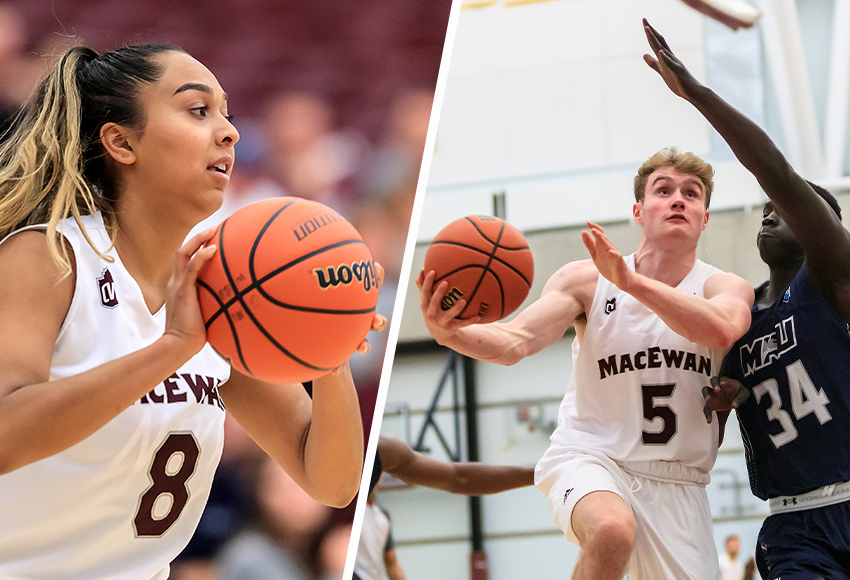 Darian Mahmi, left, Luke Harold and the Griffins basketball teams will play a 16-game regional regular season schedule under a new Canada West format that sees everyone qualify for a March Madness-style playoff tournament (Robert Antoniuk photos).
