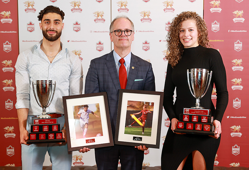 MacEwan University Provost and Vice-President Academic Dr. Craig Monk presents the 2021-22 Griffins' Male and Female Athlete of the Year awards to Rakan (Ricky) Yassin, left, and Samantha Gouveia (Joel Kingston photo).