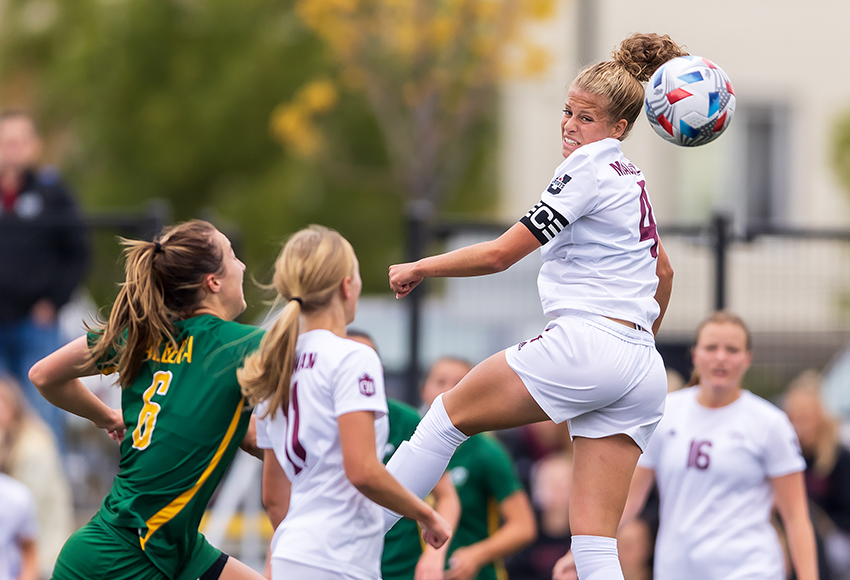 Samantha Gouveia goes up for a header during a game against Alberta last month (Robert Antoniuk photo).