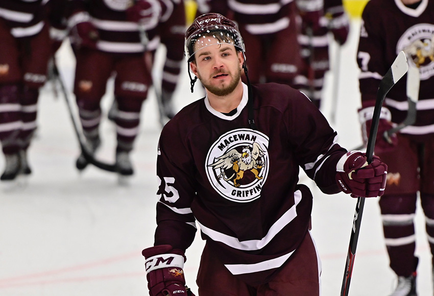 Riley Brandt recorded three goals and an assist in MacEwan's weekend sweep over Regina (Arthur Images).