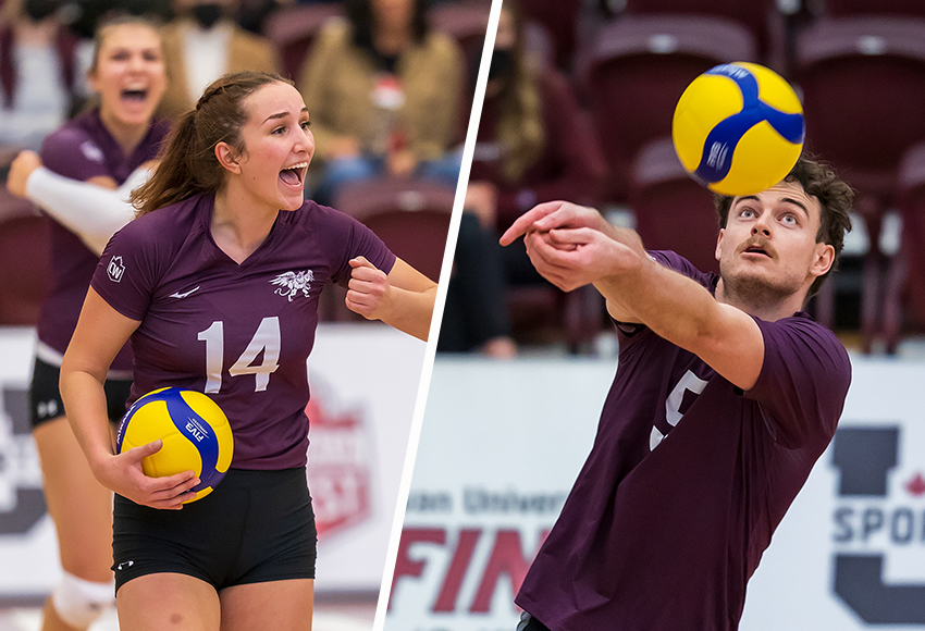 Sarah McGee, left, and Jefferson Morrow will lead their respective Griffins volleyball squads into a new Canada West season on Oct. 21 (Robert Antoniuk photos).