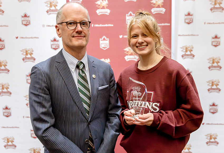 Hannah Supina poses with MacEwan Provost and Vice President Academic Dr. Craig Monk after receiving the inaugural Griffins Leadership Award as the top overall Griffins student-athlete (Rebecca Chelmick photo).