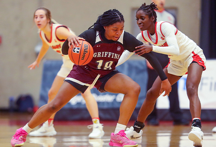 After travelling to Calgary last weekend, Unity Obasuyi and the Griffins women's basketball team head back out on the road, flying to Winnipeg to face the Wesmen (David Moll photo).