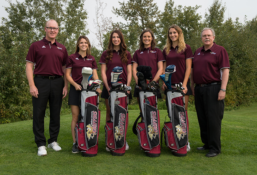 The Griffins women's golf team is coach Jodi Campbell, left, Hailey Turcotte, Daniela Donnelly, Elizabeth Stewart, Rachel Wiebe and coach Alan Riley (Len Joudrey photo).