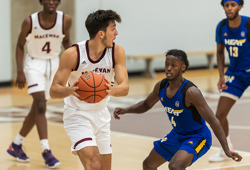 Milan Jaksic looks for an opening against UBC-Okanagan in a preseason game. He had 14 points for the Griffins on Saturday against Mount Royal University (Robert Antoniuk photo).
