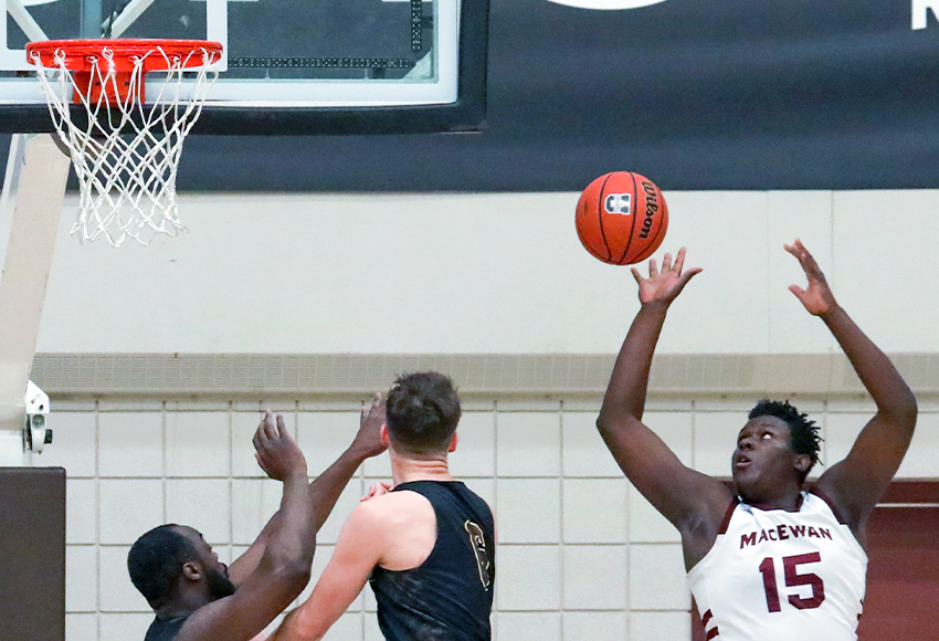 Dami Osuma puts up a shot against Manitoba last weekend. Osuma and the Griffins travel to Lethbridge for a pair of games on Friday and Saturday (Dave Mahussier photo).