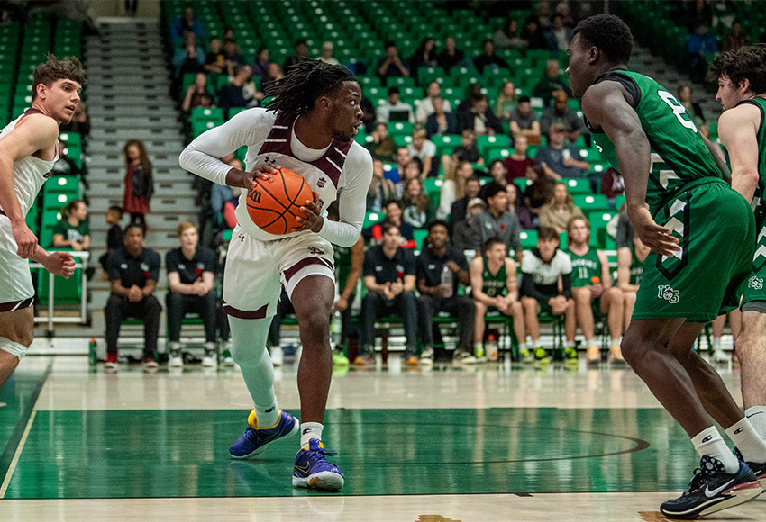 Matthew Osunde looks for an opening against Saskatchewan last weekend. He leads the Griffins into action at UNBC on Friday and Saturday in Prince George, B.C. (Electric Umbrella photo).