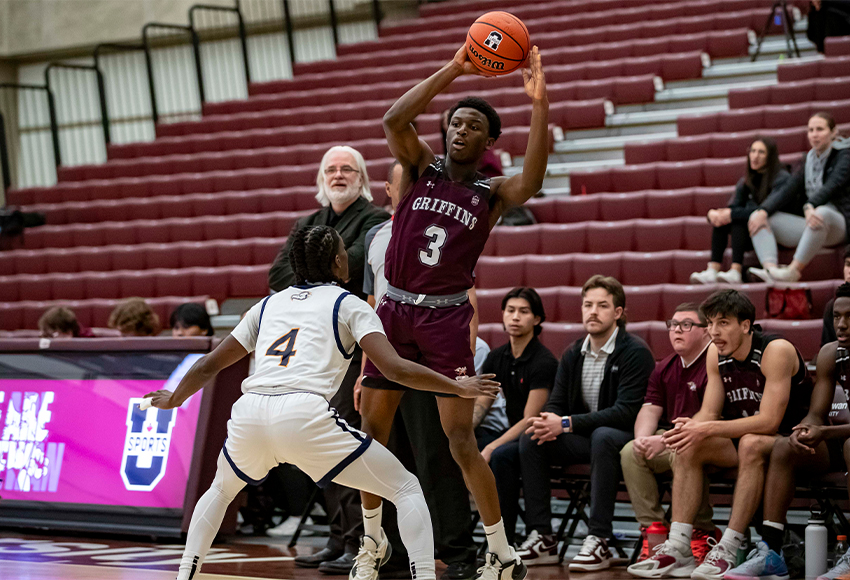 Joel Seke, seen in action against UBC last month, led the Griffins with 16 points off the bench on Saturday (Eduardo Perez photo).