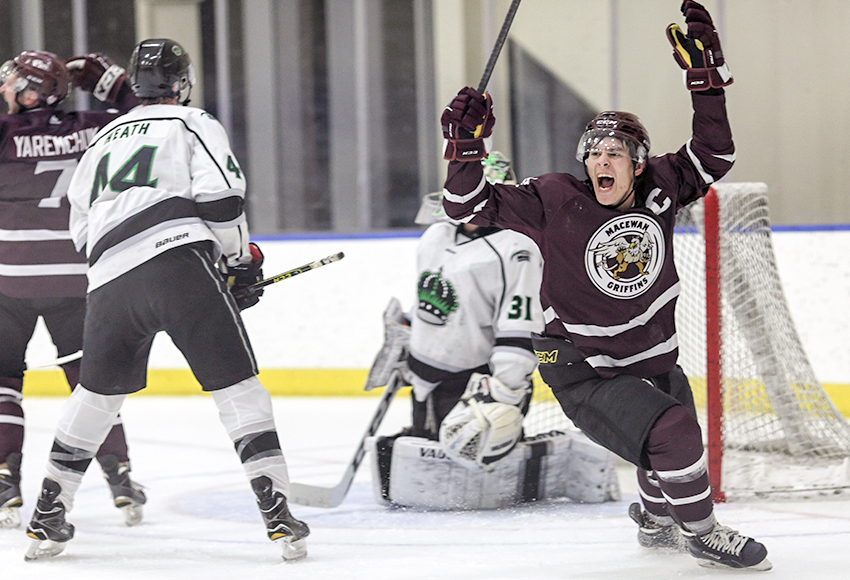 Ryan Benn celebrates a goal against Red Deer College last season. Over his five-year ACAC career, he has 144 points in 152 career games (Nick Kuiper photo).