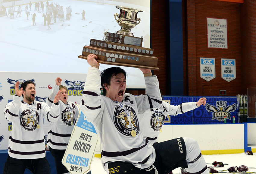 MacEwan Griffins captain Ryan Benn hoists the ACAC Championship trophy after they defeated NAIT in the finals last March. The two teams are partnering together to play against the Oilers rookies on Sept. 13 at Rogers Place (Len Joudrey photo).
