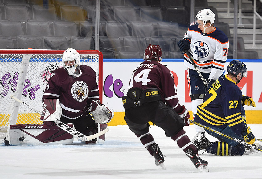 MacEwan Griffins goaltender Marc-Olivier Daigle stopped 30 of 34 shots, but the attack from the Oilers Rookies proved to be too much for the NAIT-MacEwan All-Stars to handle on Tuesday night in a 9-1 loss (Courtesy, Edmonton Oilers).