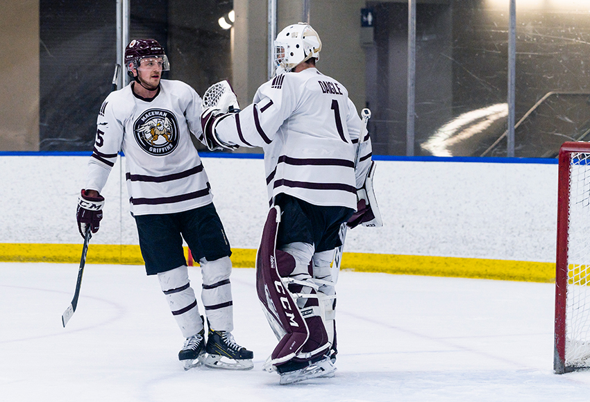 Marc-Olivier Daigle, seen celebrating Friday's victory with teammate Tyler Morrison, was perfect on 51 shots the Clippers put on him in posting back-to-back weekend shutouts (Matthew Jacula photo).