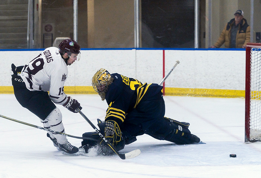 Cam Gotaas scores on a deke past NAIT goalie Brenden Jensen in the second period on Friday - the only one of MacEwan's 49 shots to get past him (Matthew Jacula photo).
