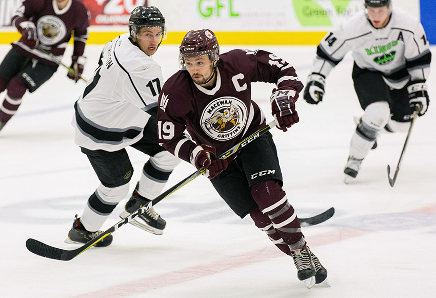 Cam Gotaas, seen in action against Red Deer College last weekend, came up big for the Griffins on Friday, scoring twice in the second period to lead MacEwan to a 2-1 win over Concordia (Joel Kingston photo / JoelKingstonphotography.com).