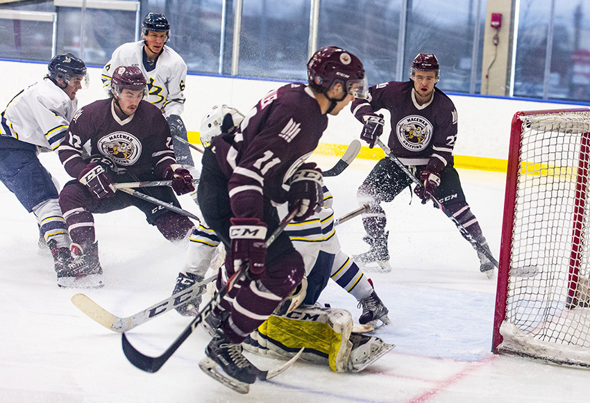 Ryan McKinnon, left, and linemates Chase Miller (#11) and Joseph Karpyshyn (#22) combined for 19 points in a two-game shellacking of Briercrest during the Griffins' last action before a bye week (Joel Kingston photography).