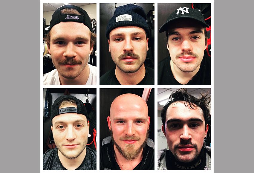 Griffins men's hockey players Payton McIsaac (clockwise from top left), Jordan Taupert, Kole Gable, Thomas Davis, Brett Magee and Bryan Arneson show off their Movember progress in a recent MacEwan Hockey Instagram post.