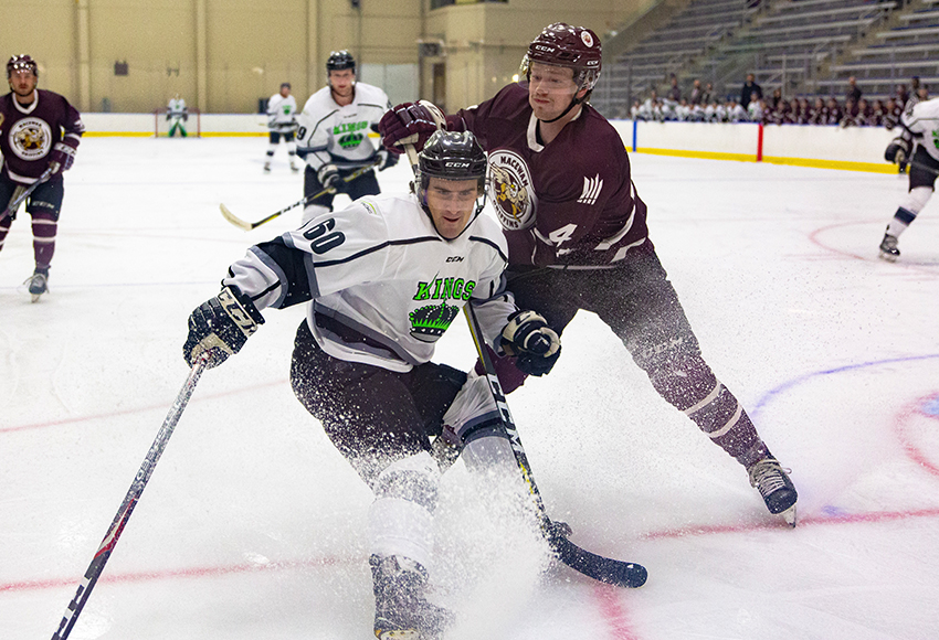 Griffins defenceman Zach Aston works to contain Kings forward Ross Heidt during Friday's game between the rivals at the Downtown Community Arena. While MacEwan won that one 3-2, RDC took the rematch 6-4 (Joel Kingston photo).