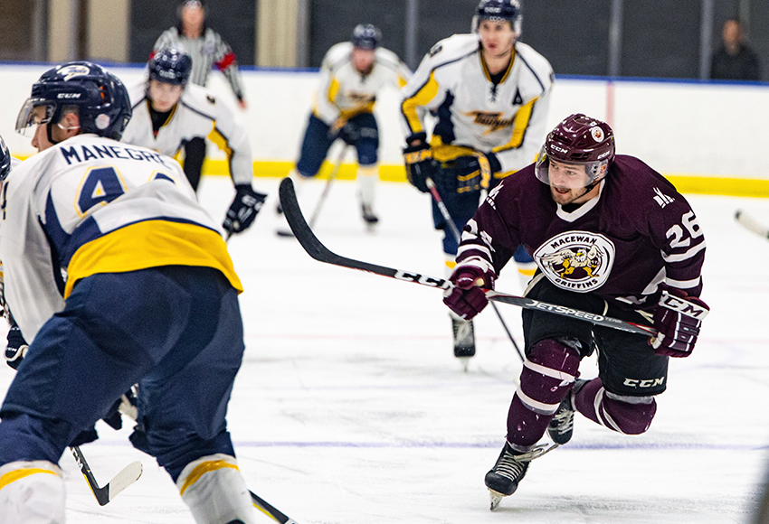 Jordan Taupert and the Griffins will host cross-town rival Concordia on Saturday (6 p.m., Downtown Community Arena). Third in rookie scoring in the ACAC, Taupert is enjoying a solid freshman campaign at MacEwan (Joel Kingston photo).