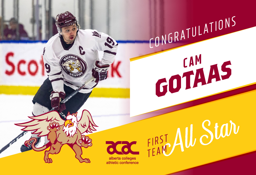Griffins captain Cam Gotaas was named the ACAC first all-star team after becoming the first MacEwan player in 16 years to reach the 40-point mark (Joel Kingston photo).