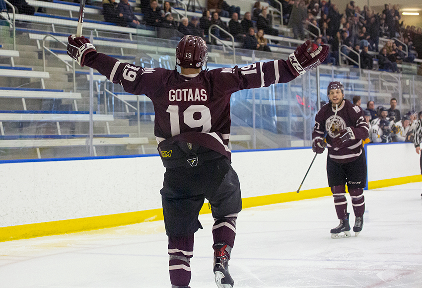Cam Gotaas celebrates a powerplay goal with Bryan Arneson that tied the game 2-2 early in the the third period (Jake Bradley photo).