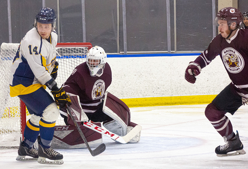 Marc-Olivier Daigle and Payton McIsaac go up against Concordia in the opening round of the 2019-20 playoffs. Due to the COVID-19 pandemic, the season ended prematurely for both of MacEwan's hockey teams, who close out their ACAC chapters with three-straight titles each (Jake Bradley photo).
