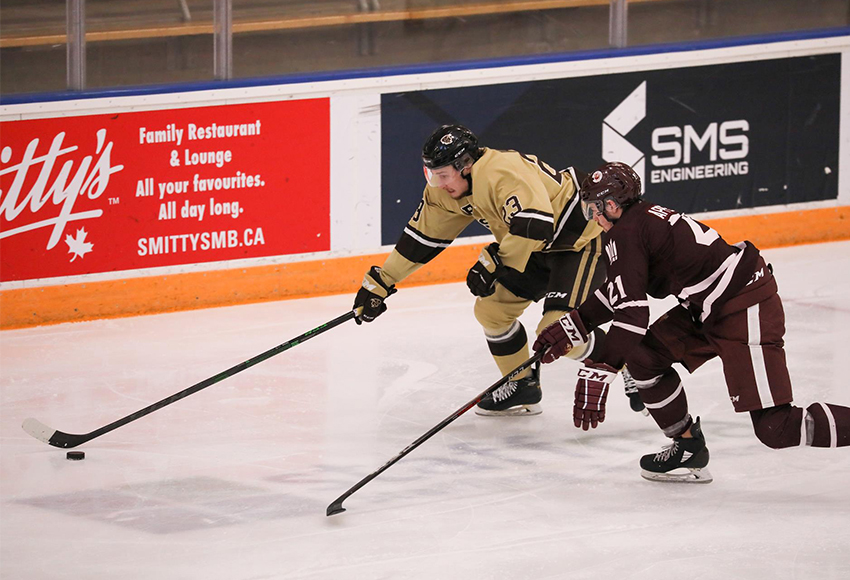Ryley Appelt and the Griffins played short-handed against the Manitoba Bisons on Saturday but still put forth a solid effort in a 5-2 loss (Dave Mahussier photo).