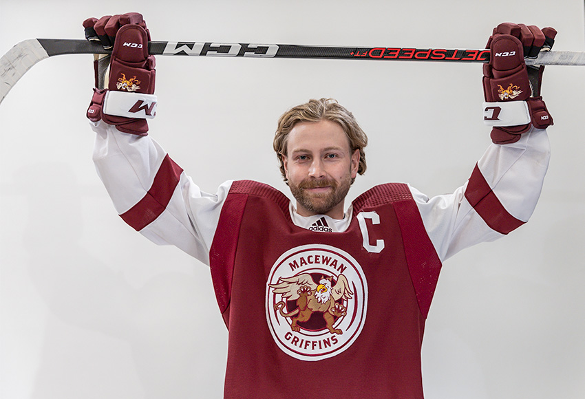 Sean Comrie will captain the MacEwan Griffins men's hockey team in 2024-25 for his final season of university hockey (Rebecca Chelmick photo).