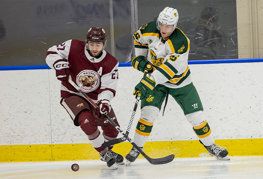 Marc Pasemko, shown in action against the Golden Bears on Friday night, scored one of MacEwan's goals in an impressive comeback bid that fell short on Saturday (Rebecca Chelmick photo).