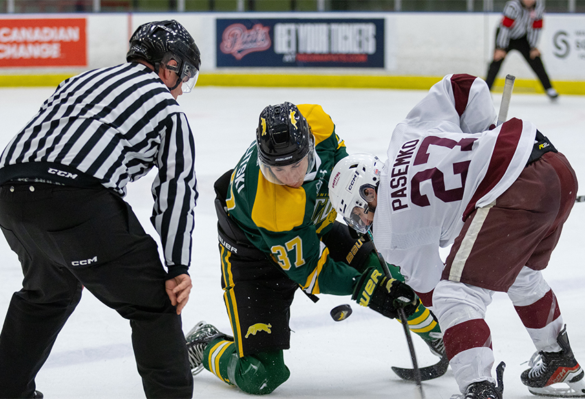 Marc Pasemko battles for a face-off against Regina's Carter Belitski in the Griffins' last action earlier this month. Coming out of a bye week, MacEwan will host Manitoba this weekend (University of Regina photo).