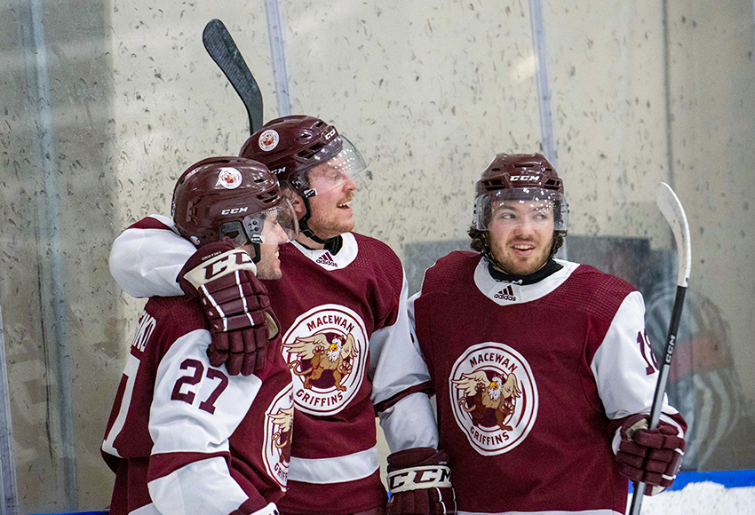 Marc Pasemko, left, Samuel Simard and Kadyn Chabot celebrate a goal against UBC last Saturday (Derek Harback photo).