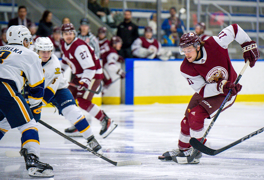 Sam Simard carries the puck into UBC's zone during their Nov. 1-2 series at the Downtown Community Arena. The Griffins split the T-Birds and will have confidence going into their best-of-three quarterfinal series in Vancouver this weekend (Derek Harback photo).