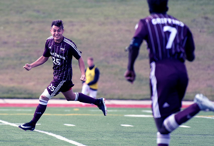 Christian Hernandez (25) celebrates a goal with Lahai Mansaray earlier this season (Chris Piggott photo).