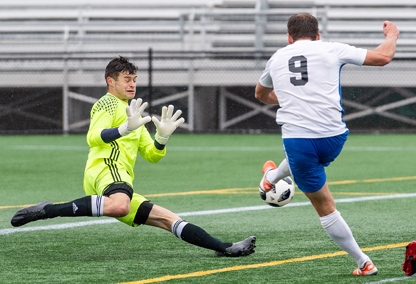 Seth Johnstone, seen making a save against Victoria last season, was a big reason why the Griffins picked up a point against Thompson Rivers University on Saturday night (Chris Piggott photo).