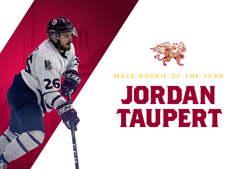 Men's hockey forward Jordan Taupert is the Griffins' Male Rookie of the Year after producing 28 points in 28 games for MacEwan in the 2019-20 regular season (Joel Kingston photo).