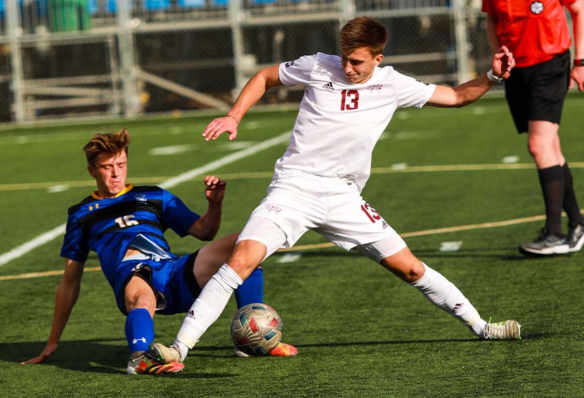 Stefan Gajic had a goal, an assist and set up two others in a virtuoso performance for the men's soccer team in a 5-1 win over Lethbridge on Saturday (Tia Schram photo).