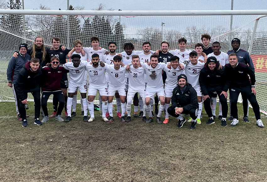 The Griffins pose for a team photo after beating the Calgary Dinos 1-0 on Sunday to clinch the program's first-ever Canada West playoff spot.