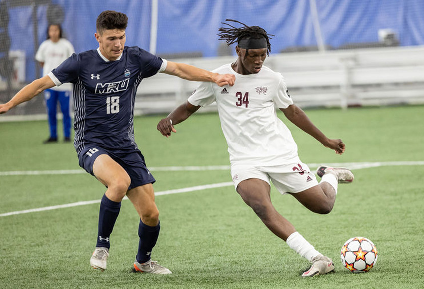 Cedric Nataroum, seen in a match against Mount Royal University earlier this season, had two of MacEwan's best chances to score on Sunday against the Cougars, but the team settled for a 0-0 draw (Rebecca Chelmick photo).