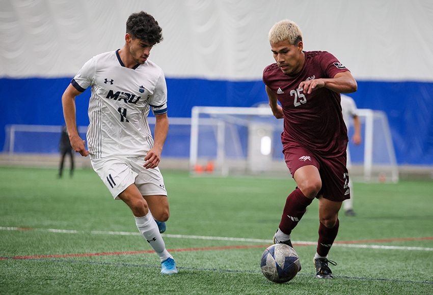 Antony Caceres, seen in action against Mount Royal last Sunday, scored off a free kick in the 86th minute to give MacEwan a huge 1-0 win over Saskatchewan Thursday night (Joel Kingston photo).