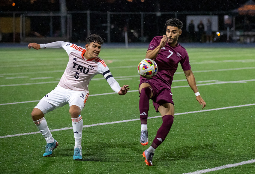 Ricky Yasmin became just the second player in Griffins' history to net three points in a Canada West men's soccer match (Andrew Snucins photo).